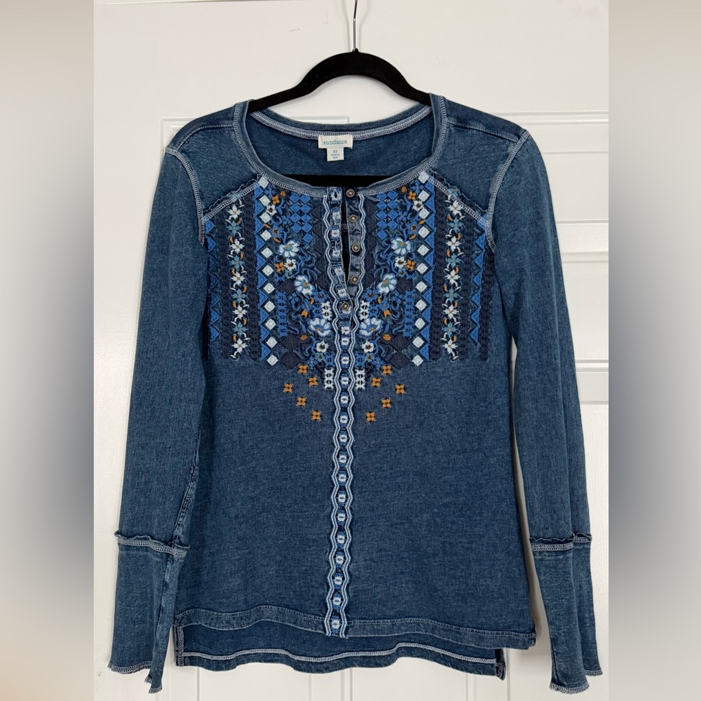 Sundance Denim Blue Embroidered Long Sleeve Top